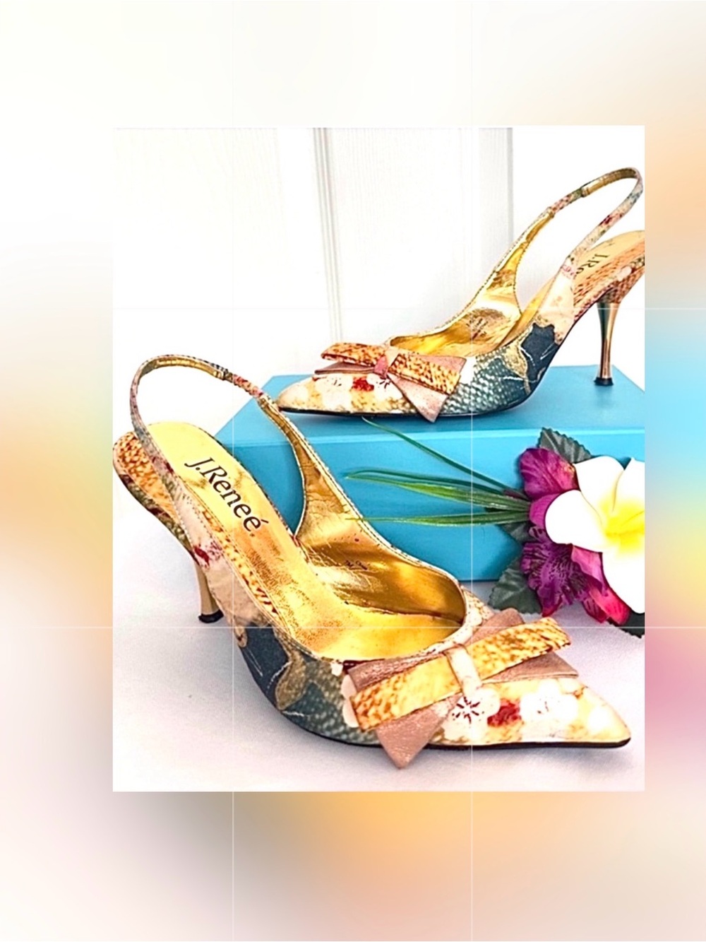 J. RENEE ~ Multicolor Point Toe Slingbacks w/Gold 4” Heels size 7
